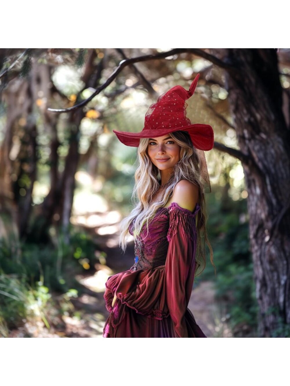 Women's Wine Mesh Halloween Wizard Witch Hat Cosplay Costume Accessory For Party - Picture 2 of 7